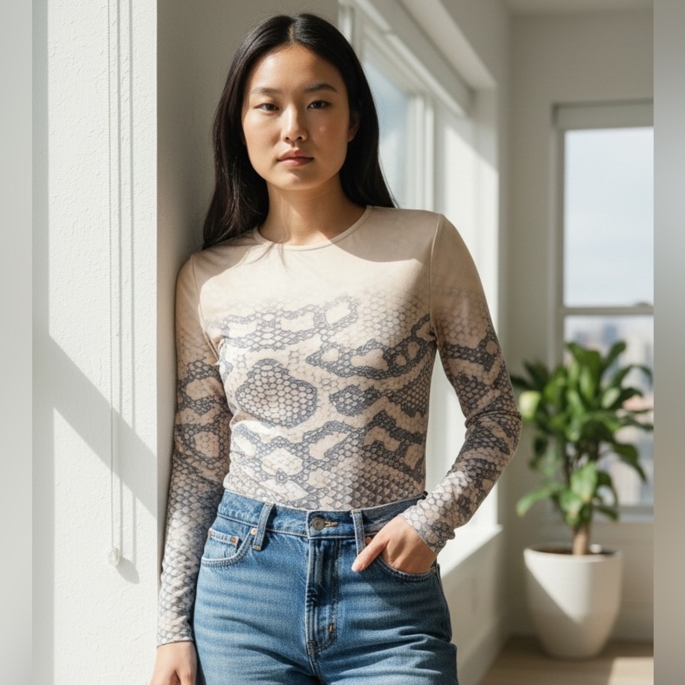 Women's Beige and Gray Snake Patterned Top